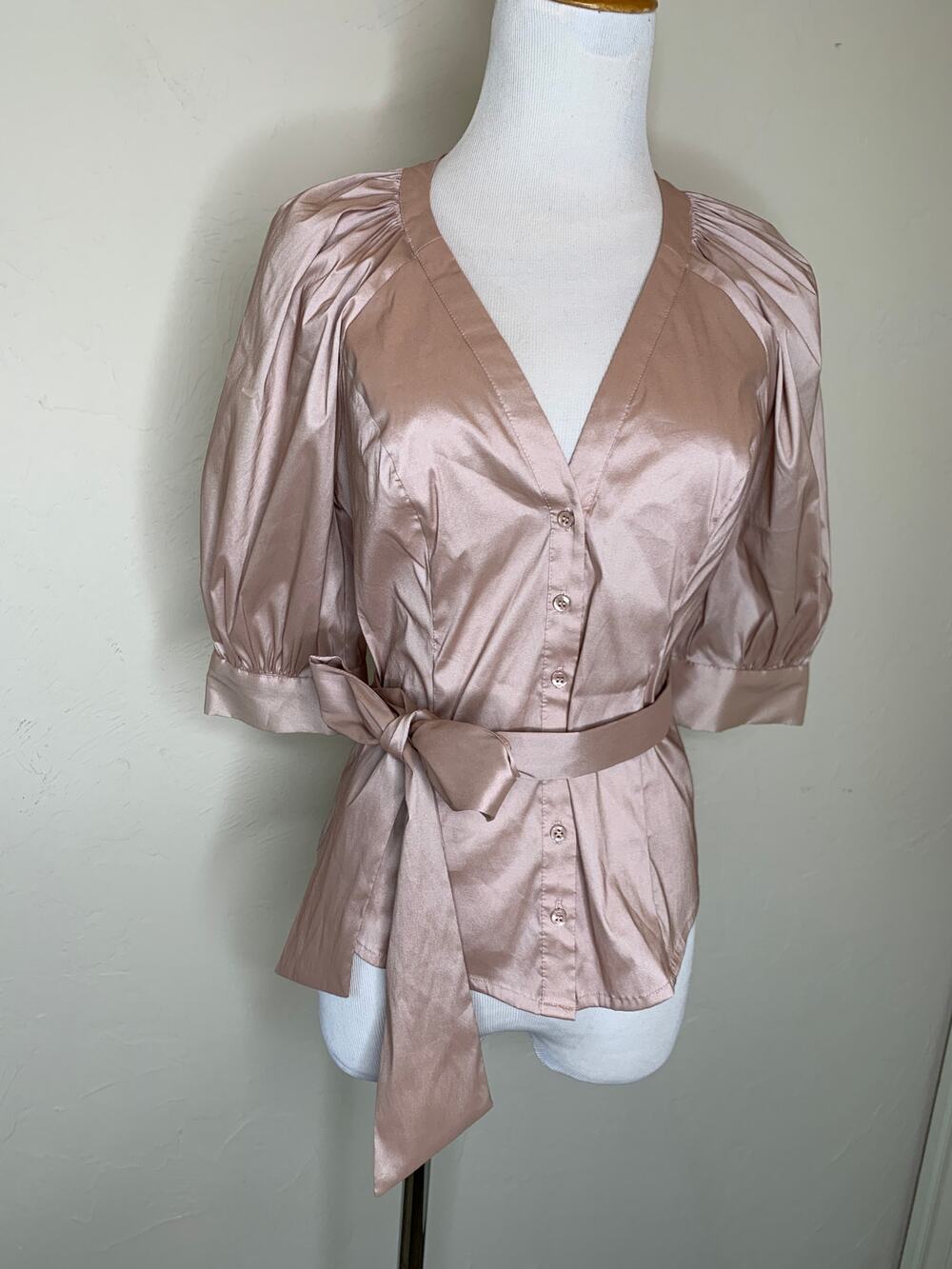 Bebe Tan Blouse Tie Neck Belt Sz Small Button Front Preppy Work